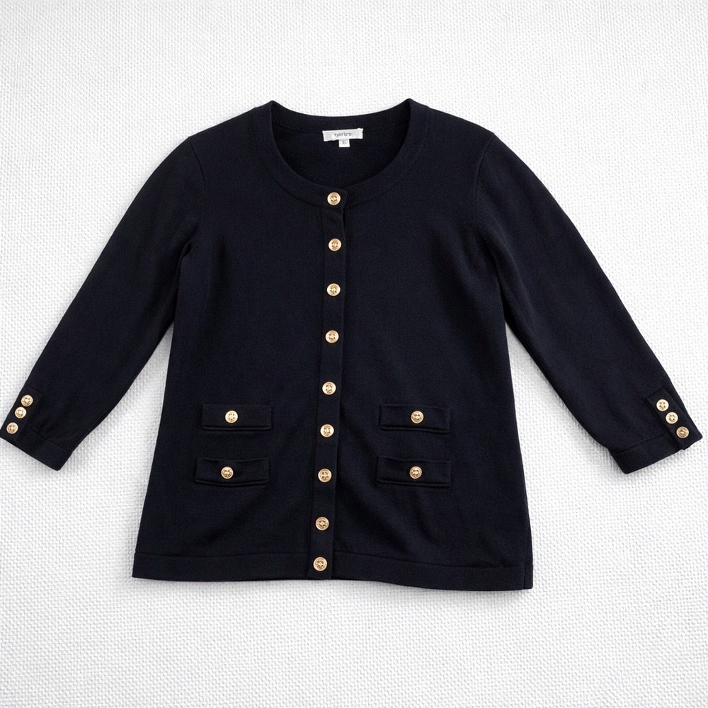 Tyler Boe Women's Black Cardigan Gold Button‎ Sweater Jacket Silk Blend Size L